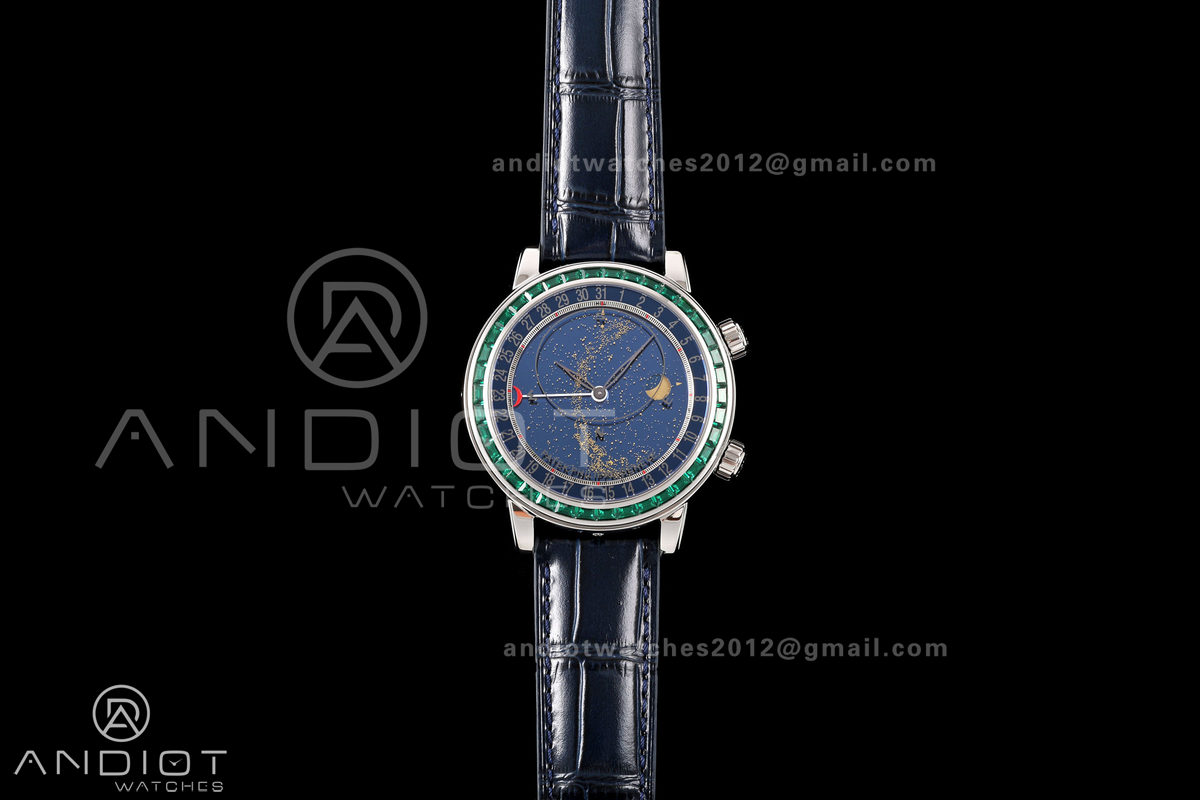 Grand Complications 6102 SS Green Diamonds Bezel PPF 1:1 Best Edition Blue Dial on Blue Leather Strap SA240 Super Clone